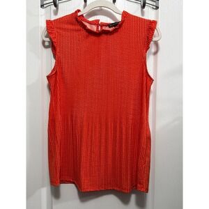 Adrianna Papell Polka Dot Ruffle‎ Neck Pleated Sleeveless Top M orange Red white